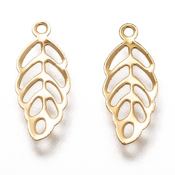 304 Stainless Steel Filigree Charms, Leaf, Real 18k Gold Plated, 13x5.5x0.5mm, Hole: 0.9mm