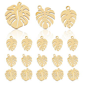 18Pcs 3 Style 201 & 304 Stainless Steel Pendants, Tropical Leaf Charms, Monstera Leaf, Golden, 13~24x9~21x1mm, Hole: 1~1.4mm, 6pcs/style
