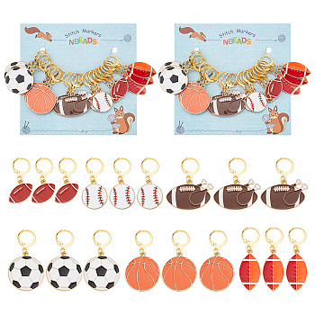 Sports Theme Rugby/Football/Basketball/Baseball Pendant Stitch Markers, Alloy Enamel Crochet Leverback Clasp Charms, Locking Stitch Marker with Wine Glass Charm Ring, Mixed Color, 2.9~5.2cm, 6 style, 3pcs/style, 18pcs/set