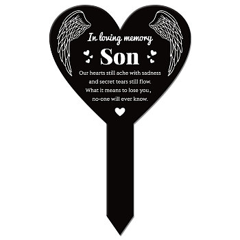 Acrylic Garden Stake, Ground Insert Decor, for Yard, Lawn, Garden Decoration, Heart with Memorial Words, Wing, 258x158mm