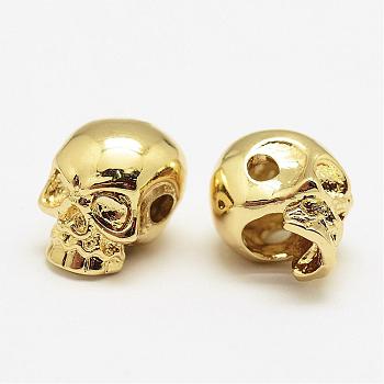 Brass Beads, Skull, Cadmium Free & Nickel Free & Lead Free, Real 18K Gold Plated, 11x8.5x10.2mm, Hole: 2mm