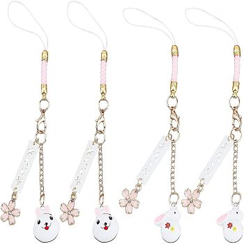 Olycraft 4Pcs 2 Style Alloy Mobile Accessories Decoration, Polyester Rope, with Brass & Iron Finding, Resin Pendant, Flower and Rabbit, Colorful, 14.5~15cm, 2pcs/style