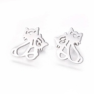 304 Stainless Steel Kitten Stud Earrings, Hypoallergenic Earrings, with Ear Nuts/Earring Back, Hollow Cat, Stainless Steel Color, 17x15x1.4mm, Pin: 0.6mm, 6pairs/card(EJEW-F234-08P)