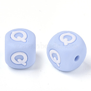 Food Grade Eco-Friendly Silicone Beads, Horizontal Hole, Chewing Beads For Teethers, DIY Nursing Necklaces Making, Letter Style, Cube, Light Sky Blue, Letter.Q, 10x10x10mm, Hole: 2mm(X-SIL-R011-10mm-02Q)