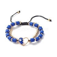 Adjustable Nylon Thread Braided Bracelets, with Alloy Enamel Heart with Evil Eye Link, Handmade Polymer Clay & Brass Beads, Blue, 1/4 inch(0.6cm), Inner Diameter: 2-1/2 inch(6.3cm)(BJEW-JB06545)