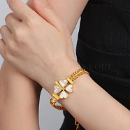 Natural Shell Clover Link Bracelets with 304 Stainless Steel Chains, Golden, 6-3/4 inch(17.2cm)(BJEW-Q775-08G)