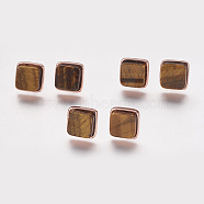 Natural Tiger Eye Stud Earrings, with Brass Findings, Real Rose Gold Plated, Square, 12x12x4.5~6mm, Pin: 1mm(EJEW-F139-A02)