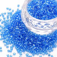 Glass Bugle Beads, Transparent Colours Luster, Dodger Blue, 2.5~3x2mm, Hole: 0.9mm, about 15000pcs/pound(SEED-S032-11A-103B)