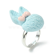 Bunny Resin Finger Ring, Silver Brass Adjustable Ring, Pale Turquoise, Inner Diameter: 14.5mm(RJEW-JR00638-02)