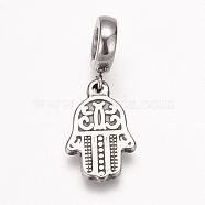 304 Stainless Steel European Dangle Charms, Large Hole Pendants, Hamsa Hand/Hand of Fatima/Hand of Miriam, Antique Silver, 28mm, Hole: 5mm, Pendant: 18x12x2mm(X-OPDL-K001-05AS)