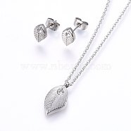 304 Stainless Steel Jewelry Sets, Stud Earrings and Pendant Necklaces, with Rhinestone, Leaf, Stainless Steel Color, Necklace: 17.7 inch(45cm), Stud Earrings: 10x6x3mm, Pin: 0.8mm(SJEW-O090-30P)