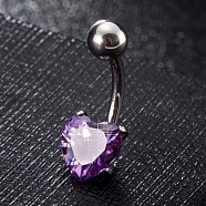 Piercing Jewelry, Brass Cubic Zirconia Navel Ring, Belly Rings, with 304 Stainless Steel Bar, Lead Free & Cadmium Free, Heart, Platinum, Purple, 20x8mm, Bar: 15 Gauge(1.5mm), Bar Length: 3/8"(10mm)(AJEW-EE0006-25D)