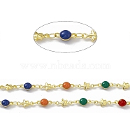 Handmade Brass Star & Flat Round Link Chains, with Colorful Enamel Beaded, Soldered, with Spool, Real 18K Gold Plated, Star: 5x10x2mm, Flat Round: 4.5x9x4mm(CHC-F015-31G)