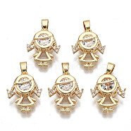 Brass Micro Pave Clear Cubic Zirconia Pendants, with Brass Snap on Bails, Nickel Free, Girl, Real 18K Gold Plated, 17.5x14x5mm, Hole: 3x4.5mm(X-RJEW-T063-53G-NF)