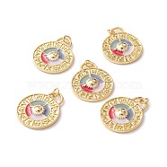 Brass Micro Pave Clear Cubic Zirconia Charms, with Enamel and Jump Ring, Long-Lasting Plated, Lead Free & Cadmium Free & Nickel Free, Flat Round with Constellation/Zodiac Sign, Real 18K Gold Plated, 27x22x3mm, Hole: 3mm(ZIRC-Z019-11G-NR)