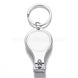 Iron Nail Clippers and Bottle Opener, with Flat Round Cabochon Settings, Iron Split Key Rings, Platinum, Tray: 25.5mm, 91mm, clippers: 59x32.6x14.5mm, Ring: 32x2.4mm(AJEW-I045-02P)