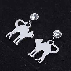 201 Stainless Steel Kitten Dangle Stud Earrings, with Clear Cubic Zirconia, Stretching Cat, Stainless Steel Color, 18mm, Pin: 0.8mm(EJEW-T008-JN744)