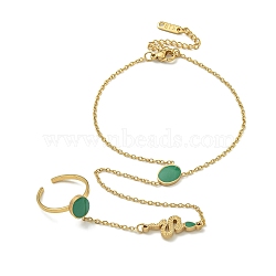 Ion Plating(IP) 304 Stainless Steel Green Enamel Snake Ring Bracelets, Golden, 7-1/4 inch(18.4cm)(BJEW-H617-03G)