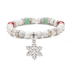 Natural Green Aventurine & Howlite & Mashan Jade Stretch Bracelet, Christmas Snowflake Alloy Charm Bracelet for Women, Colorful, Inner Diameter: 2-1/8 inch(5.3cm)(BJEW-TA00149)