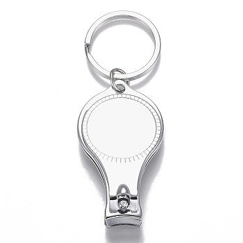 Iron Nail Clippers and Bottle Opener, with Flat Round Cabochon Settings, Iron Split Key Rings, Platinum, Tray: 25.5mm, 91mm, clippers: 59x32.6x14.5mm, Ring: 32x2.4mm