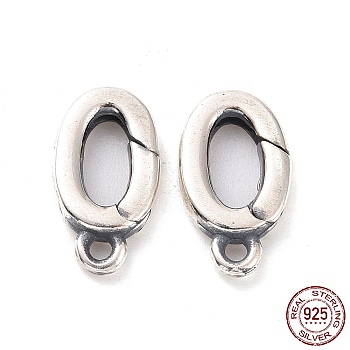 925 Sterling Silver Spring Gate Clasps, Oval, Antique Silver, 12x6.5x2mm, Hole: 1.2mm, Inner Diameter: 6x3mm
