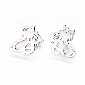 304 Stainless Steel Kitten Stud Earrings, Hypoallergenic Earrings, with Ear Nuts/Earring Back, Hollow Cat, Stainless Steel Color, 17x15x1.4mm, Pin: 0.6mm, 6pairs/card