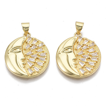 Brass Micro Pave Cubic Zirconia Pendants, Nickel Free, Flat Round with Moon, Clear, Real 16K Gold Plated, 22.5x20x3.5mm, Hole: 3.5x4mm