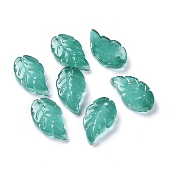Baking Paint Imitation Jade Glass Pendants, Leaf, Dark Cyan, 18x10x2.9mm, Hole: 1.2mm