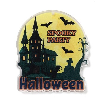 Halloween Theme Double Sided Printed Acrylic Big Pendants, Haunted House/Castle, 50x44x3mm, Hole: 2mm