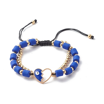 Adjustable Nylon Thread Braided Bracelets, with Alloy Enamel Heart with Evil Eye Link, Handmade Polymer Clay & Brass Beads, Blue, 1/4 inch(0.6cm), Inner Diameter: 2-1/2 inch(6.3cm)