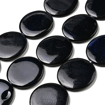 Spray Painted Natural Freshwater Shell Beads Strands, Flat Round, Black, 25x3.5mm, Hole: 0.8mm, about 16pcs/strand, 15.83 inch(40.2cm)