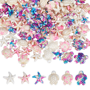 120Pcs 6 Styles Synthetic Turquoise Beads, Dyed, Starfish/Sea Turtle, Mixed Color, 13.5~18x13.5~14.5x4.5~8mm, Hole: 1~1.6mm, 20pcs/style