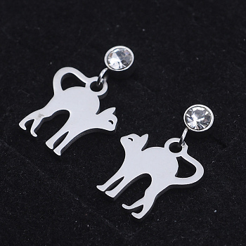 201 Stainless Steel Kitten Dangle Stud Earrings, with Clear Cubic Zirconia, Stretching Cat, Stainless Steel Color, 18mm, Pin: 0.8mm