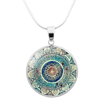 Glass Mandala Flower Dome Pendant Necklace, Platinum Brass Jewelry for Women, Dark Turquoise, 24.21 inch(61.5cm)