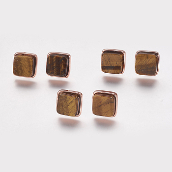 Natural Tiger Eye Stud Earrings, with Brass Findings, Real Rose Gold Plated, Square, 12x12x4.5~6mm, Pin: 1mm