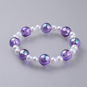 Transparent Acrylic Imitated Pearl  Stretch Kids Bracelets, with Transparent Acrylic Beads, Round, Purple, 1-7/8 inch(4.7cm)