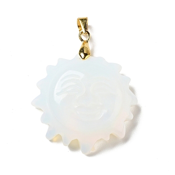 Opalite Pendants, with Golden Tone Brass Findings, Lead Free & Cadmium Free, Sun with Smiling Face, 36x29~29.5x9.5mm, Hole: 4x5mm