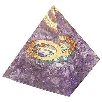 Orgonite Pyramid, Resin Pointed Home Display Decorations, with Brass Findings and Chip Natural Amethyst Inside, 61x61x61mm