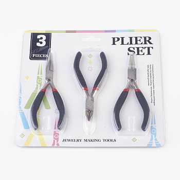 Jewelry Pliers Sets, with Carbon Steel Diagonal Side Cutting Pliers, Flat Nose Pliers, Round Nose Pliers, Black, 110~125mm, 3pcs/set