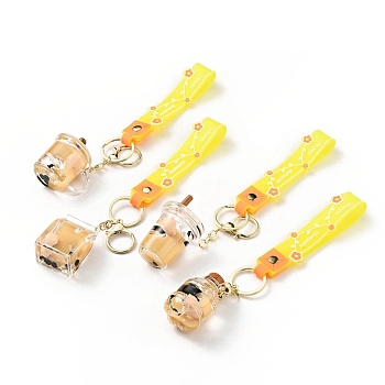 Pearl Milk Tea Acrylic Pendant Keychain, with Light Gold Tone Alloy Lobster Claw Clasps, Iron Key Ring and PVC Plastic Tape, Yellow, 18cm