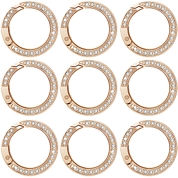 12Pcs Alloy Crystal Rhinestone Spring Gate Rings, Ring, Light Gold, 28.5x5mm, Inner Diameter: 19mm