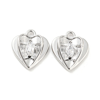 Clear Glass Charms, with Brass Finding, Heart, Real Platinum Plated, 11x9.5x3mm, Hole: 1.2mm