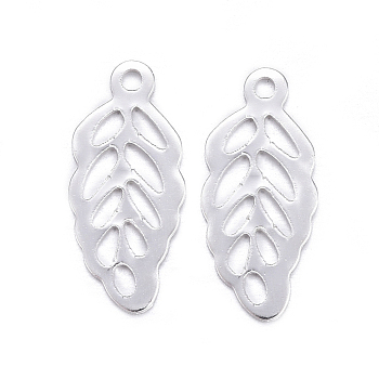 304 Stainless Steel Pendants, Leaf Charms, Silver Color Plated, 13x6x0.5mm, Hole: 1mm