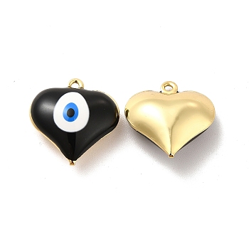 Brass Enamel Pendants, Real 18K Gold Plated, Long-Lasting Plated, Heart with Evil Eye, Black, 17x16.5x7mm, Hole: 1.2mm