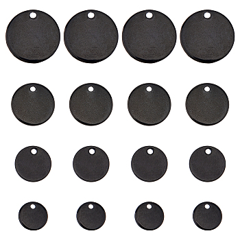 60Pcs 3 style 304 Stainless Steel Pendants, Blank Stamping Tag, Flat Round, Electrophoresis Black, 8~15x1mm, Hole: 1.2~1.5mm, 15pcs/style