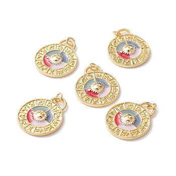 Brass Micro Pave Clear Cubic Zirconia Charms, with Enamel and Jump Ring, Long-Lasting Plated, Lead Free & Cadmium Free & Nickel Free, Flat Round with Constellation/Zodiac Sign, Real 18K Gold Plated, 27x22x3mm, Hole: 3mm