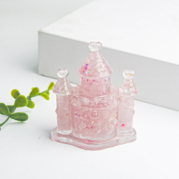 Resin Castle Display Decoration, with Natural Rose Quartz Chips inside Statues for Home Office Decorations, 63x44x73mm