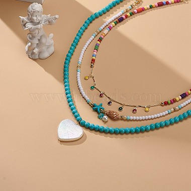 3Pcs 3Pcs Shell Pearl & Acrylic Heart & Enamel Pendant Necklaces Set(NJEW-JN04038)-2