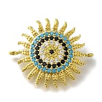 Rack Plating Brass Micro Pave Colorful Cubic Zirconia Sun Links Connector Charms, Lead Free & Cadmium Free, Long-Lasting Plated, Golden, 24x29x3mm, Hole: 1.4mm(KK-H485-26G)