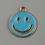 Alloy Enamel Pendants, Light Gold, Flat Round with Smiling Face Pattern Charm, Deep Sky Blue, 19x16x1mm, Hole: 2mm(ENAM-WH0065-32A)